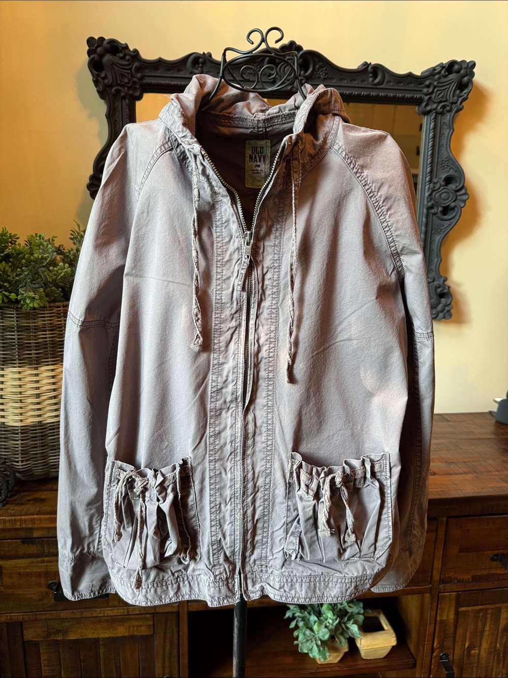 Old Navy Taupe Hooded Zip Jacket With Bow Tie Pockets